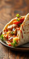 Delicious chicken taco filled with fresh vegetables and spicy sauce on a wooden table photo