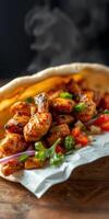 Grilled chicken wrap filled with fresh vegetables served in a cozy setting photo