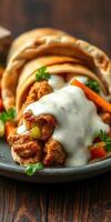 Delicious shawarma wrap with tender meat and fresh vegetables, garnished with creamy sauce and herbs photo