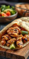 Grilled chicken wrapped in flatbread with fresh lime and side salad served on wooden board photo