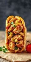 Delicious grilled chicken wrap filled with fresh ingredients and vibrant colors served on a rustic wooden table photo