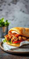 Delicious sandwich filled with crispy chicken and fresh vegetables served on a wooden plate photo