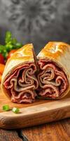 Deliciously layered meat roll showcasing rich colors and textures on a wooden cutting board in a cozy kitchen setting photo