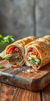 Delicious wraps with fresh vegetables and chicken on a wooden cutting board at a cozy kitchen photo