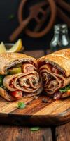 Freshly made wraps filled with savory ingredients on a wooden board in a cozy setting photo