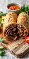 Savory wrap filled with delicious layers of meats and sauces presented on a wooden cutting board photo