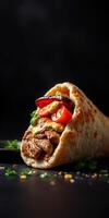 Delicious wrap filled with grilled meat, fresh vegetables, and herbs on a dark background photo
