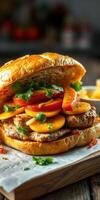 Gourmet chicken sandwich with fresh vegetables and herbs on a rustic wooden board photo