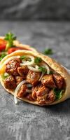 Savory meat wrap with fresh vegetables ready to be enjoyed at a casual dining setting photo