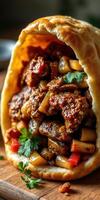Savory wrap filled with spiced meat and vegetables served on a wooden table photo
