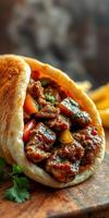 Savory beef filling wrapped in warm flatbread with fresh vegetables served at a vibrant food market photo