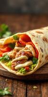 Freshly made wrap filled with grilled chicken, vegetables, and savory sauce on a wooden surface photo