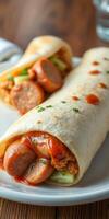 Wraps filled with sausages and toppings served on a plate in a cozy setting photo
