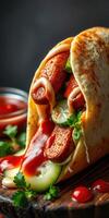 Delicious taco filled with savory sausage and fresh vegetables, garnished with sauces and herbs for a tasty treat photo