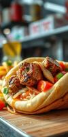 Savory meatball sub with fresh vegetables and crispy fries served in a vibrant eatery setting photo