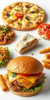 Delicious fast food spread featuring burgers, pizza, and sides in a vibrant layout photo