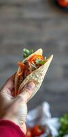 Delicious taco filled with grilled meat, fresh vegetables, and herbs held in hand against wooden background photo