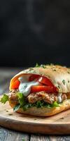 Delicious fresh sandwich with grilled chicken, lettuce, tomato, and creamy dressing on wooden board photo