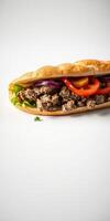 Delicious sandwich filled with savory meat and fresh vegetables served on a classic sub roll photo