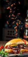 Juicy hamburger with smoke and crispy topping in a vibrant culinary setting photo