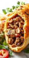 Delicious stuffed bread filled with savory meat and surrounded by fresh vegetables photo
