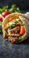 Delicious wrap filled with grilled meat, fresh vegetables, and herbs prepared in a cozy kitchen setting photo