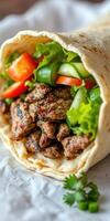 Freshly prepared wrap filled with grilled meat, vibrant vegetables, and greens in a cozy kitchen setting photo