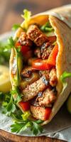 Delicious grilled chicken wrap with fresh vegetables and herbs served on a wooden table photo