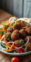Fresh falafel platter served with vegetables and pita bread in a vibrant setting photo