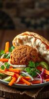 Delicious falafel served with fresh vegetables and pita bread at a dining table photo