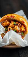 Grilled chicken sandwich with savory spices served in a soft bun on a rustic plate photo