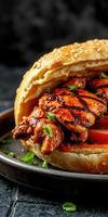 Grilled chicken sandwich with fresh vegetables served on a rustic plate photo