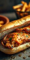 Grilled chicken sandwich served on a fresh bun with side of crispy fries at a cozy eatery photo