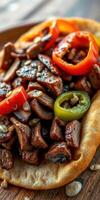Delicious grilled meat with colorful peppers served on flatbread in a cozy setting photo