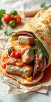Delicious wrap filled with savory ingredients and vibrant sauce ready to be enjoyed for lunch photo
