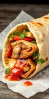 Delicious wrap filled with grilled chicken, fresh vegetables, and savory sauce on wooden table photo