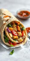 Delicious wrap filled with grilled chicken, fresh vegetables, and savory sauce served on a light background photo