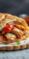 Delicious savory chicken wrapped in flaky pastry served with spicy sauce for a delightful meal experience photo