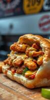 Delicious fried chicken sandwich with toppings served in a soft bun at a local eatery photo