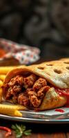 Delicious wrap filled with savory chicken and served with crispy fries at a casual eatery photo