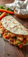 Delicious chicken fajita wrapped in soft tortilla with fresh vegetables ready to enjoy at a summer gathering photo