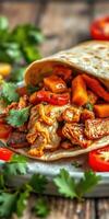 Delicious taco filled with grilled chicken, colorful vegetables, and fresh herbs served on a rustic wooden table photo