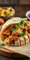 Flavorful chicken wrap with fresh vegetables served on a wooden table photo