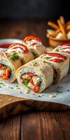 Freshly made wraps filled with grilled chicken, vegetables, and sauces on a rustic wooden table photo