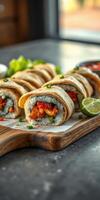 Colorful sushi rolls served on a wooden board with lime and garnishes in a bright restaurant setting photo