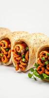 Delicious filling burritos with savory ingredients wrapped in whole wheat tortillas on a neutral background photo