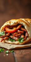 Delicious wrap filled with spiced meat and fresh vegetables served on wooden table photo