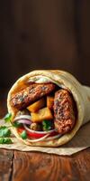 Delicious wrap filled with grilled meat, roasted vegetables, and fresh herbs on a wooden surface photo