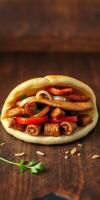 Satisfying wrap filled with grilled meats and fresh vegetables on wooden table photo