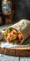 Freshly made chicken wrap with colorful ingredients served on a wooden board at a casual dining setting photo